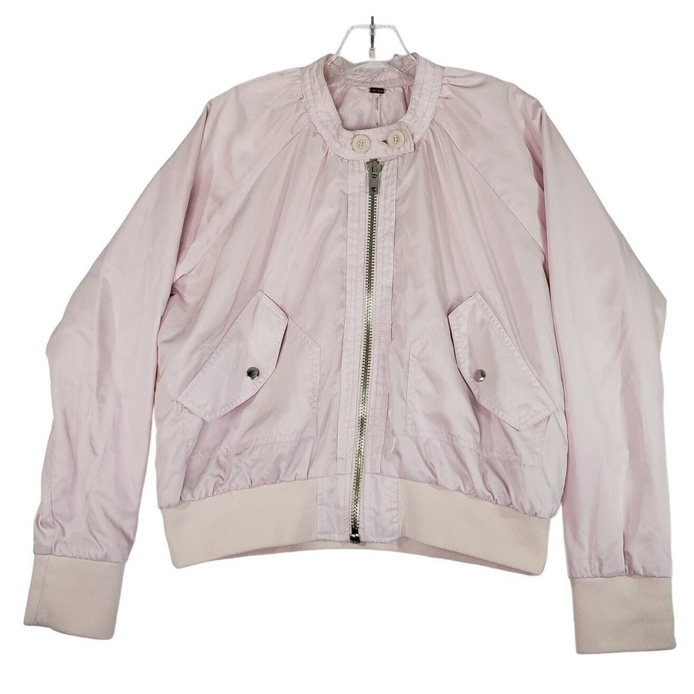 Free People Pink Bomber Jacket Lightweight Full Zip Pockets Ribbed Cuff Hem Sz S